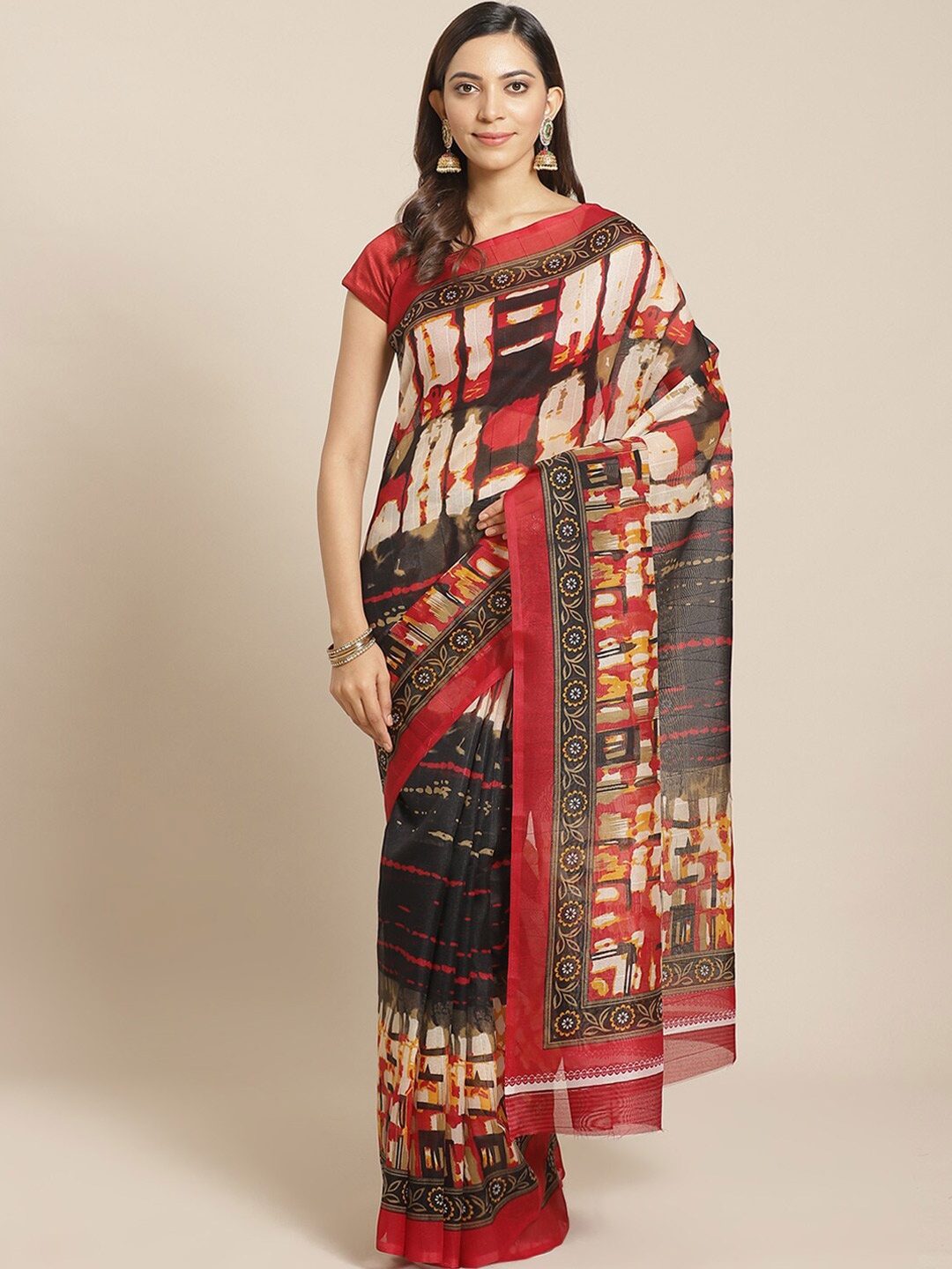 

KALINI Cream-Coloured & Maroon Art Silk Bhagalpuri Saree