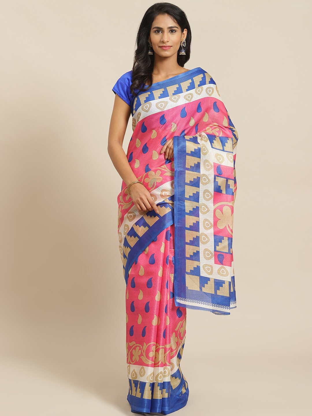 

KALINI Pink & Blue Silk Blend Khadi Saree