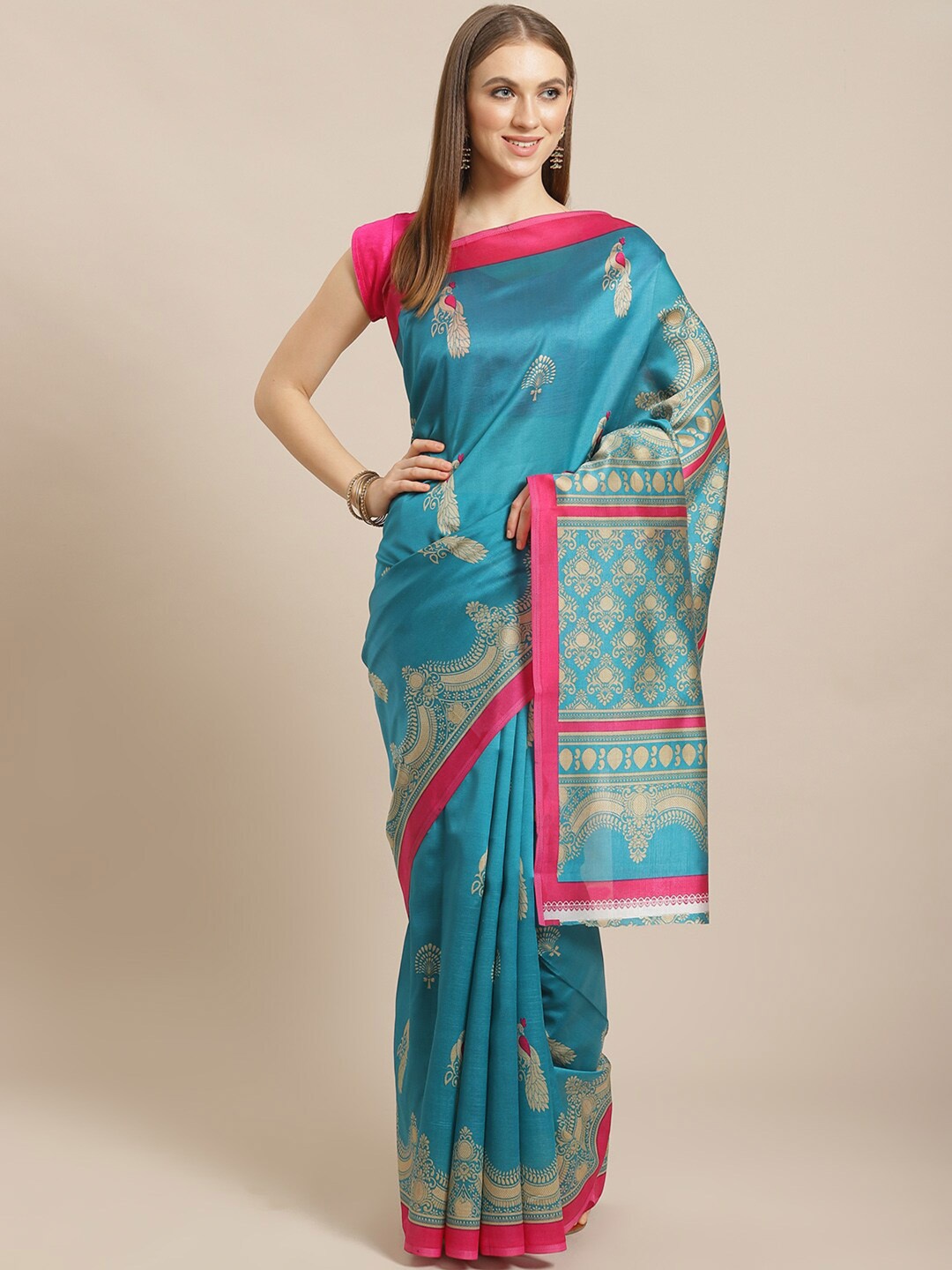 

KALINI Blue & Pink Ethnic Motifs Art Silk Mysore Silk Saree