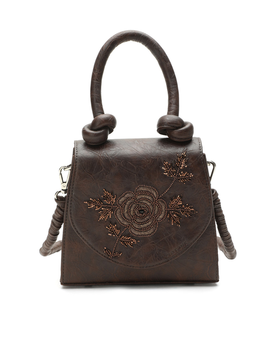 

Clotche Brown Textured Leather Structured Handheld Bag
