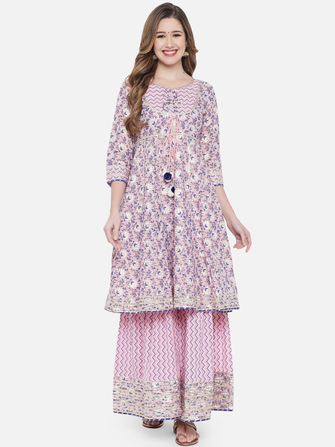 

Ramas Women Pink Ethnic Motifs Printed High Slit Gotta Patti Pure Cotton Kurta with Sharara