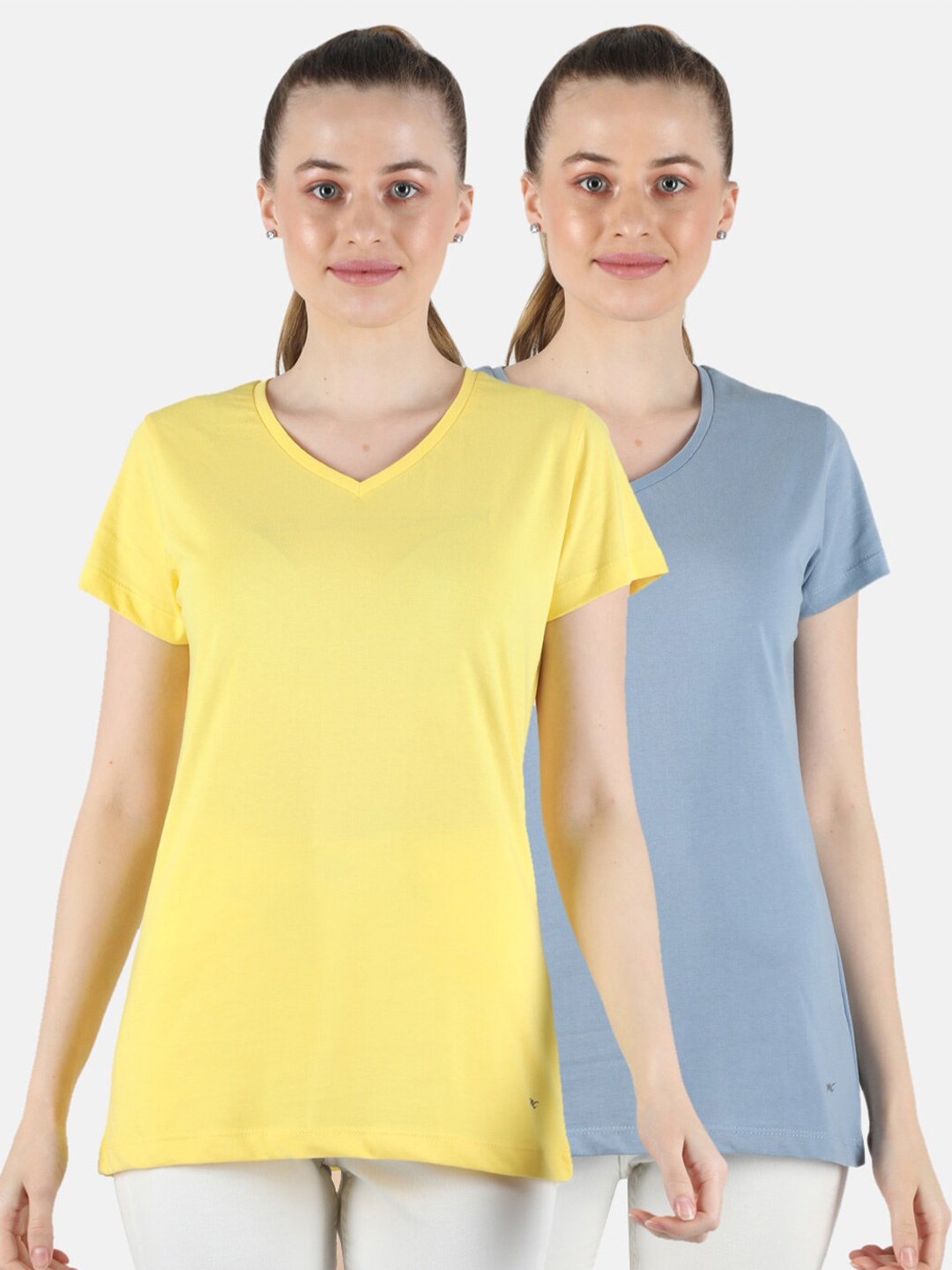 

Monte Carlo Women Pack of 2 Yellow & Grey Solid V-Neck Regular Top