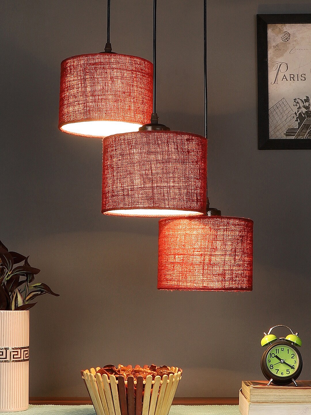 

Devansh Maroon Jute Round Drum Cluster Hanging Lamp