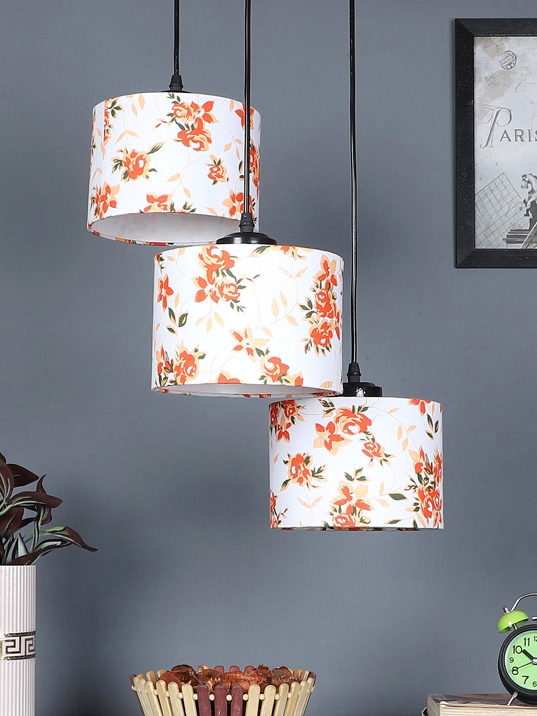 

Devansh White Set Of 3 Cotton Round Drum Cluster Hanging Lamp