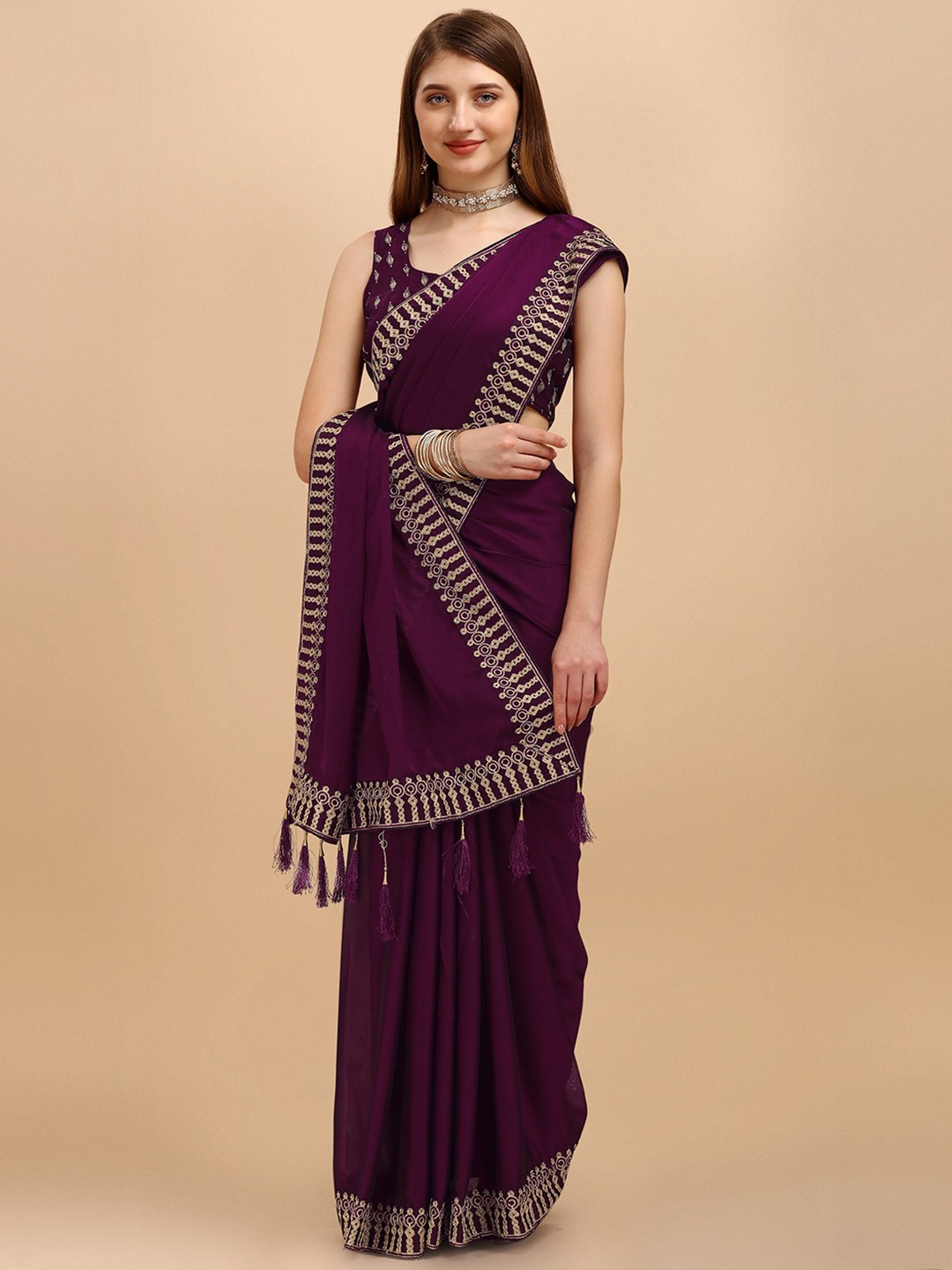 

Iris Purple & Gold-Toned Embellished Embroidered Silk Cotton Block Print Saree
