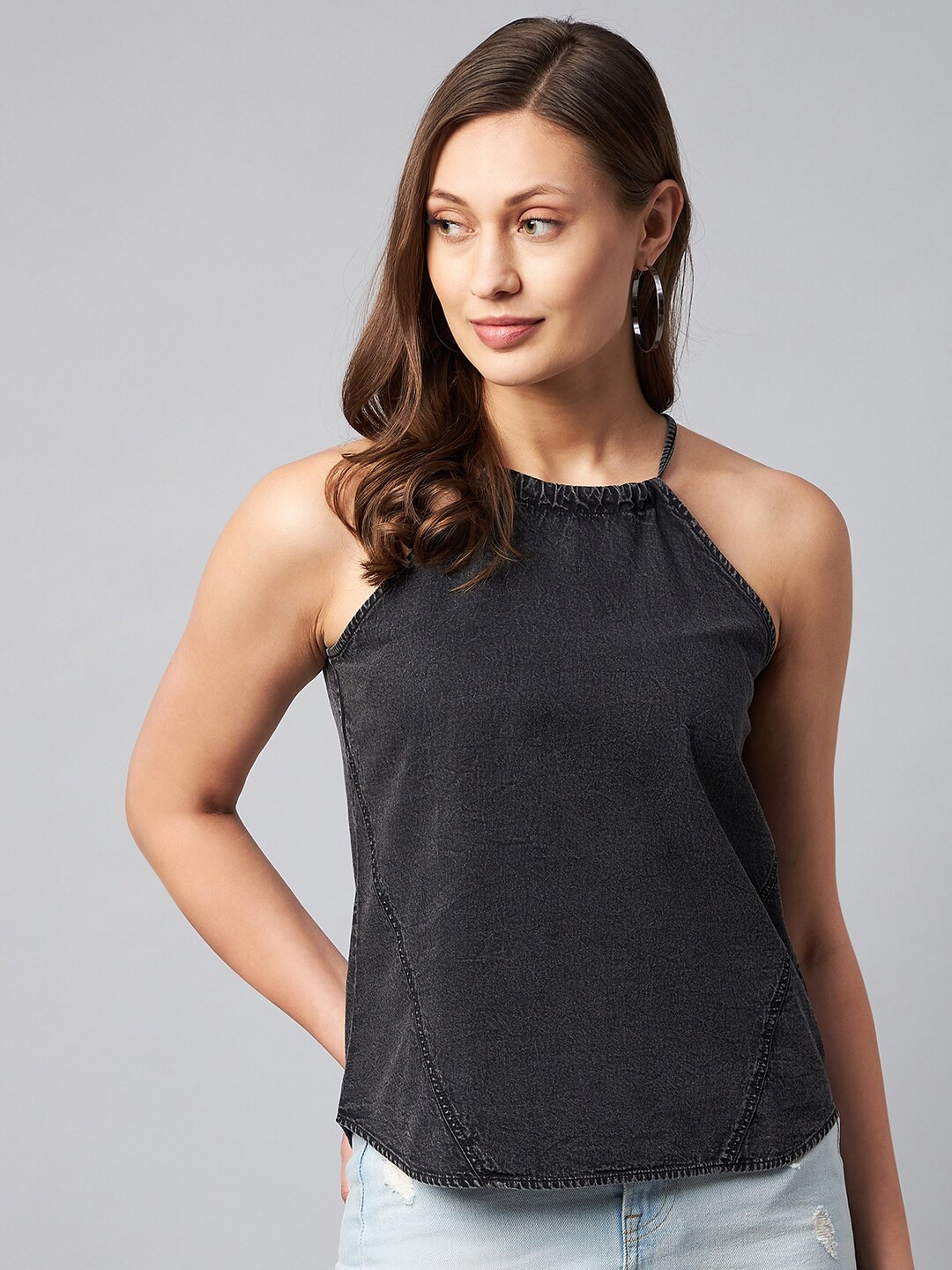 

Orchid Blues Black Denim Washed Spaghetti Top