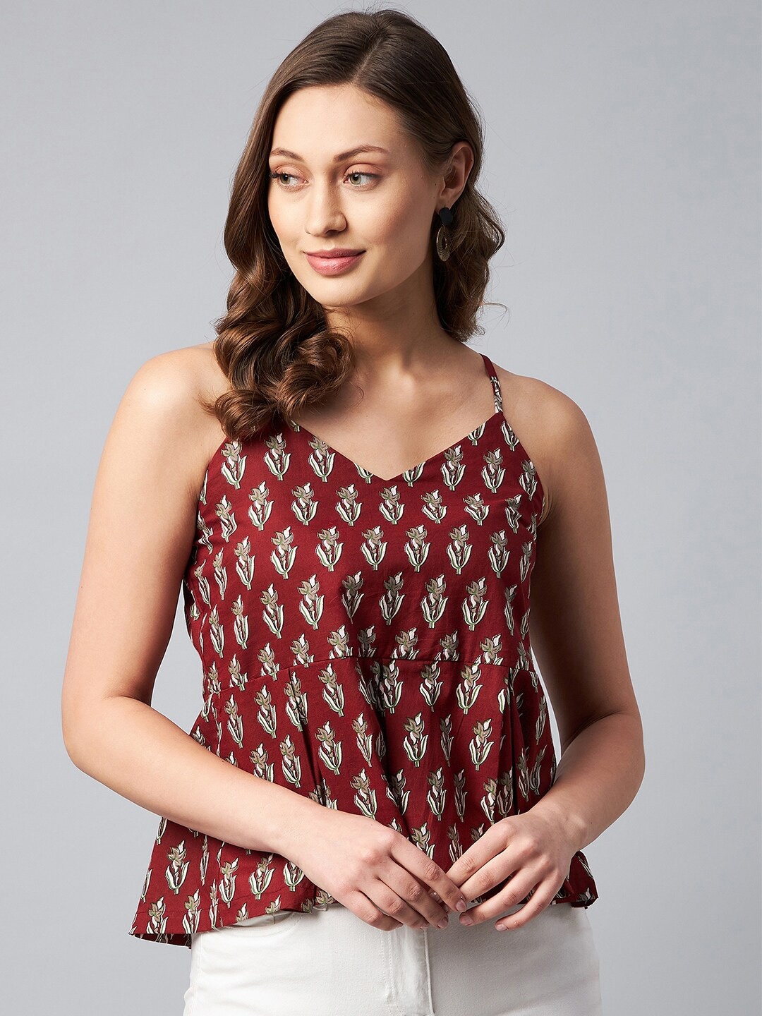

Orchid Blues Maroon Print Strappy Pure Cotton Top