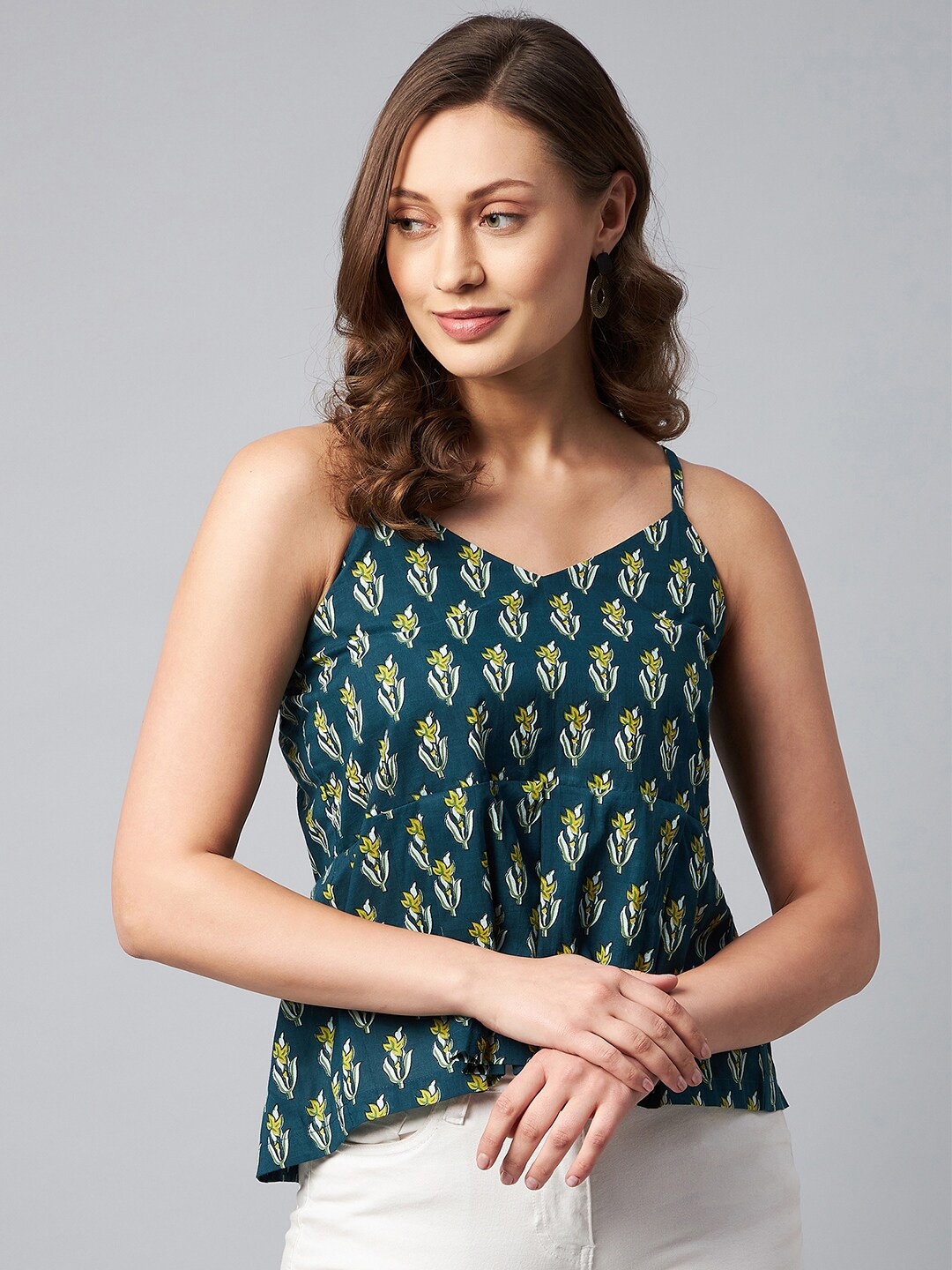 

Orchid Blues Blue Floral Print Pure Cotton Peplum Top
