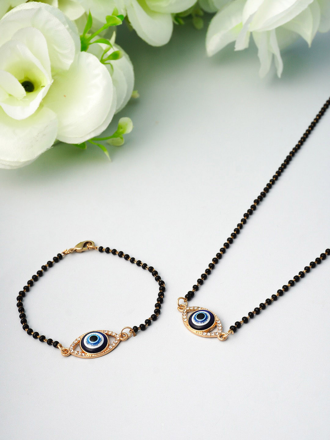 

Ferosh Black & Blue Evil Eye AD-Studded & Beaded Mangalsutra With Bracelet