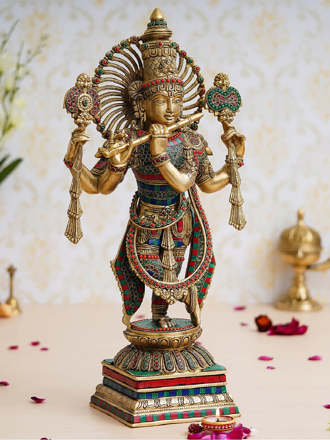 

eCraftIndia Colorful Lord Krishna Playing Flute Handcrafted Brass Idol with Stone Work Gold Showpieces