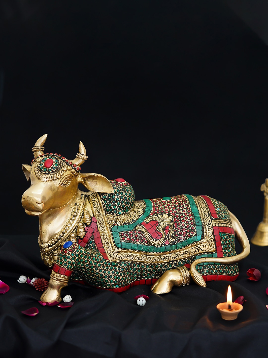 

eCraftIndia Gold-Toned Red & Green Handcrafted Cow Idol with Stone Work Showpiece