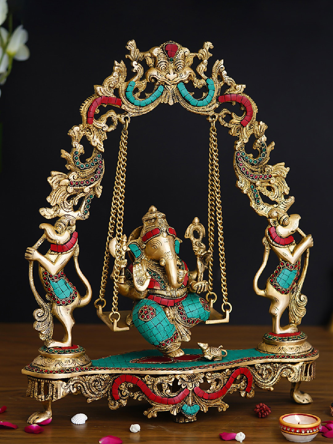 

eCraftIndia Golden, Red, and Green Colored Lord Ganesha on a Swing Handcrafted Idol, Gold