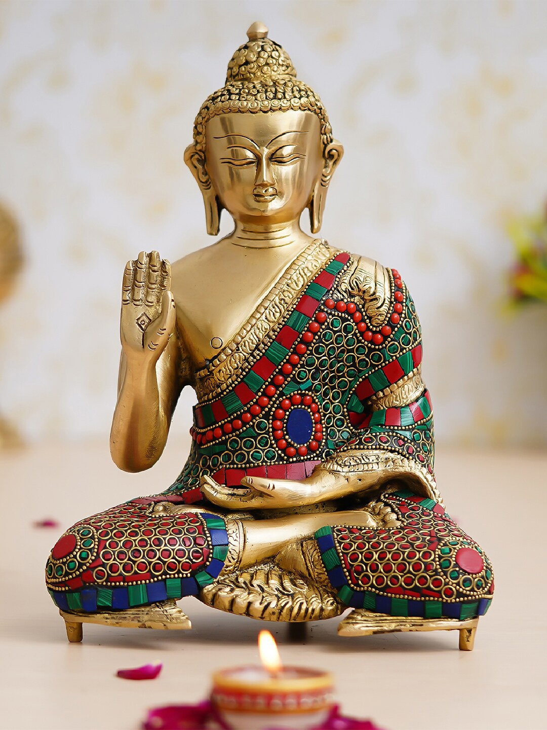 

eCraftIndia Gold-Toned, Red & Green Lord Buddha Handcrafted with Stone Work Showpieces