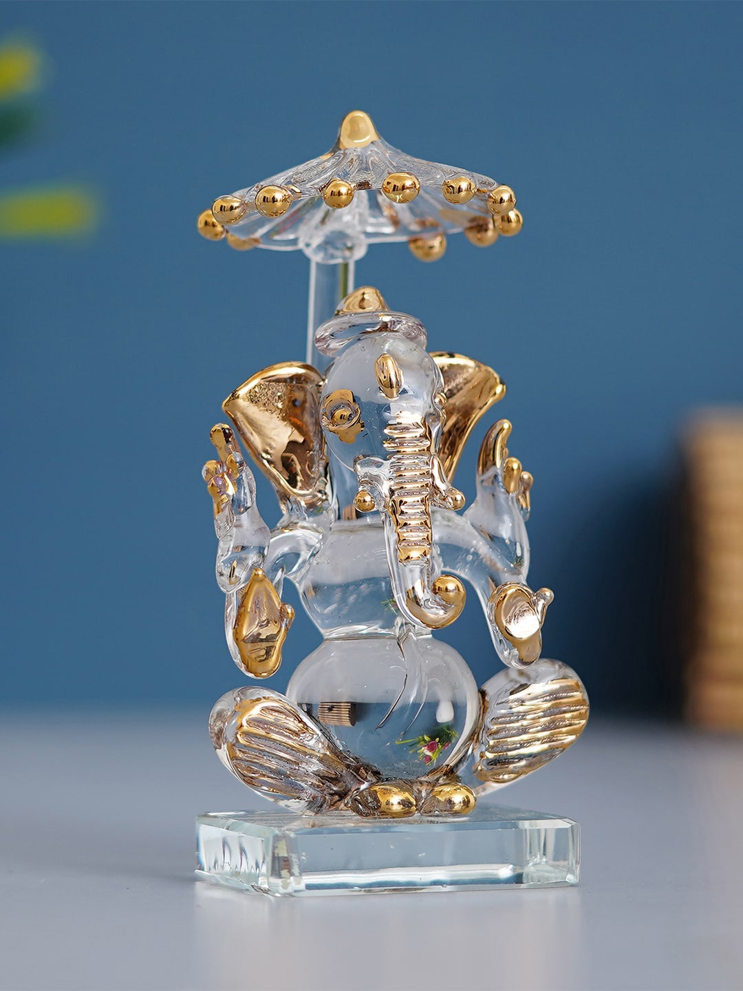 

eCraftIndia Golden Lord Ganesha with Chatar Crystal Statue Showpiece, Gold