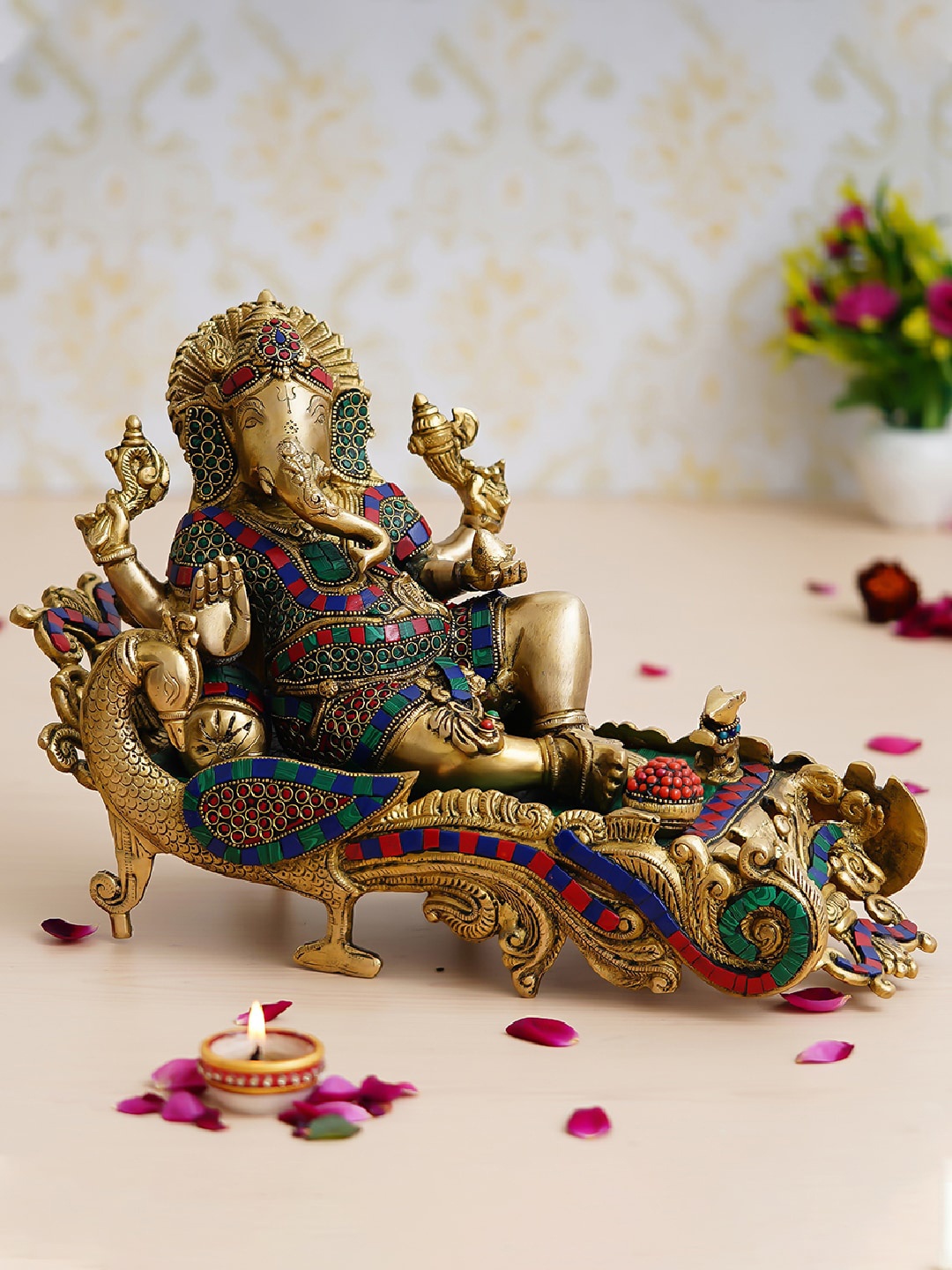 

eCraftIndia Gold-Toned & Red Textured Resting Lord Ganesha Idol
