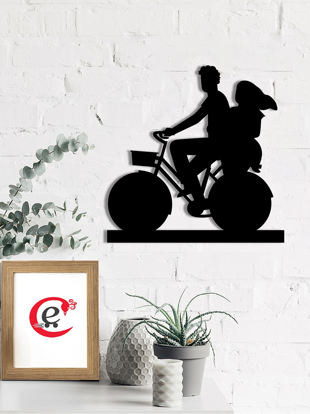 

eCraftIndia Black Couple On Cycle Cutout Wooden Ready to Hang Home Wall Decor