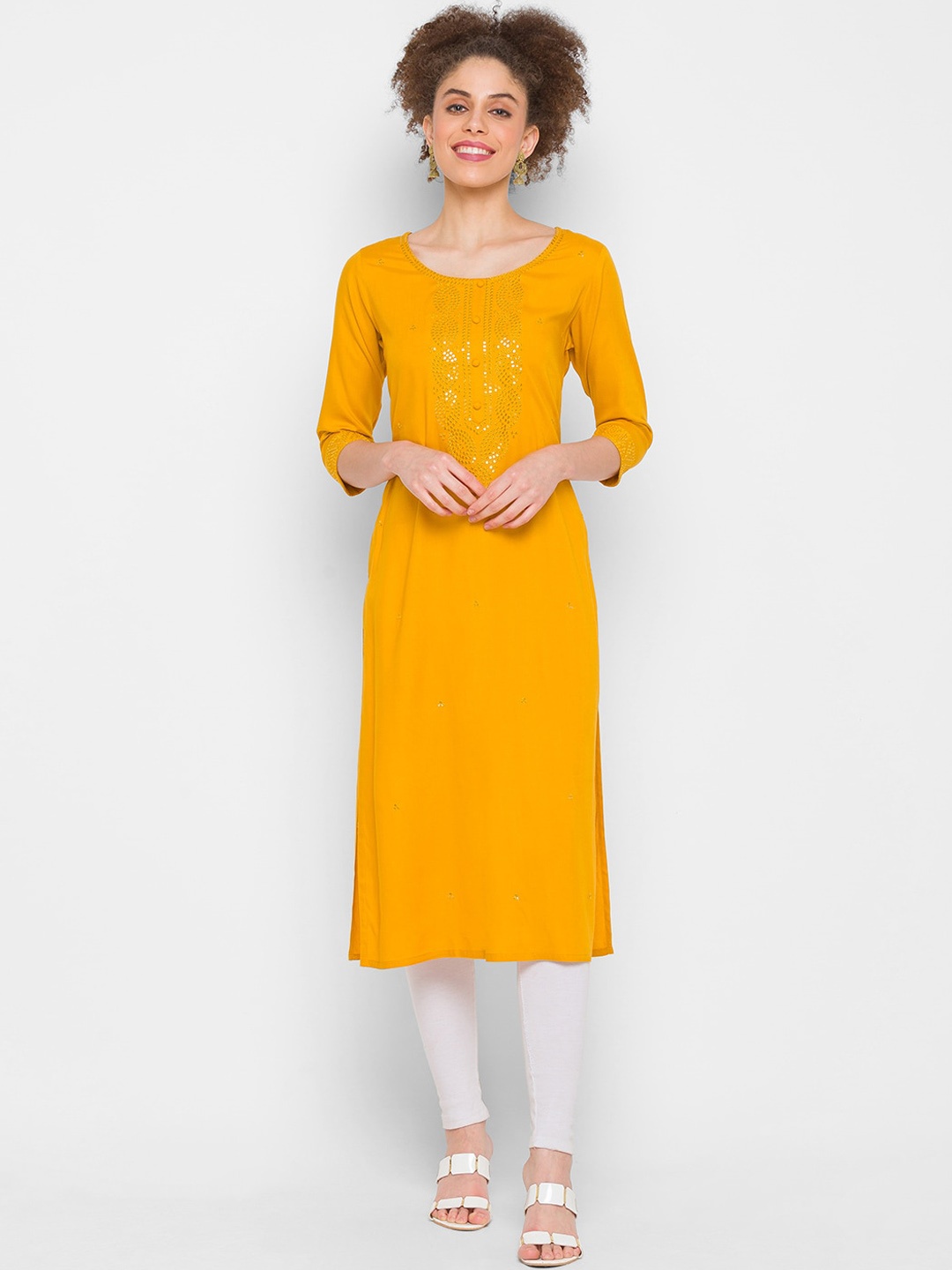 

ZOLA Women Mustard Yellow Ethnic Motifs Yoke Design Thread Work Kurta