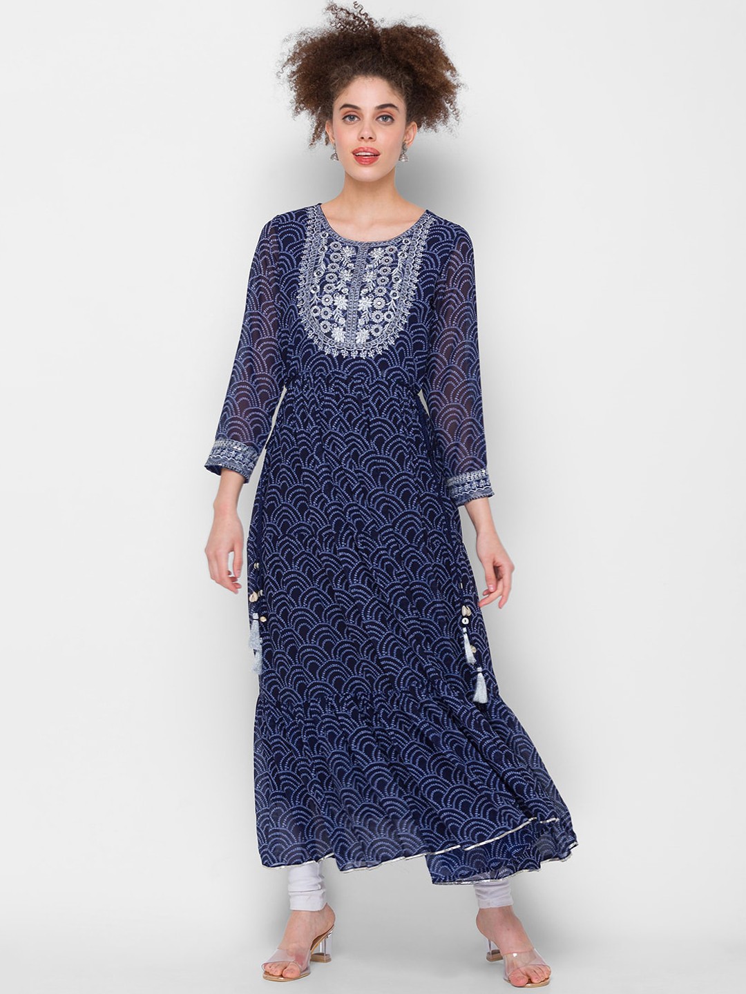 

ZOLA Women Navy Blue Ethnic Motifs Printed Thread Work Georgette Kurta