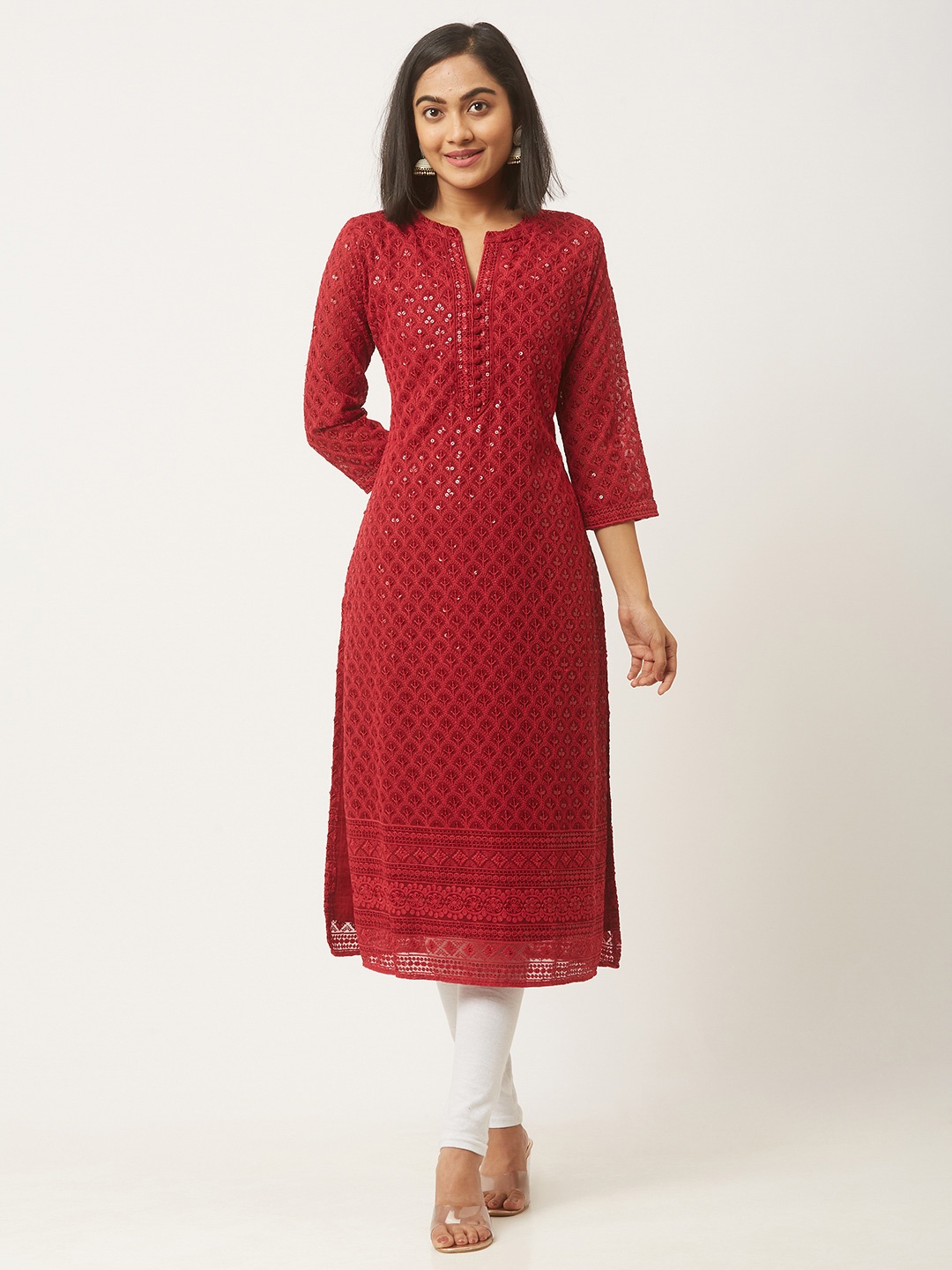 

ZOLA Women Embroidered Lucknowi Chikankari Lightweight Georgette Kurta, Maroon