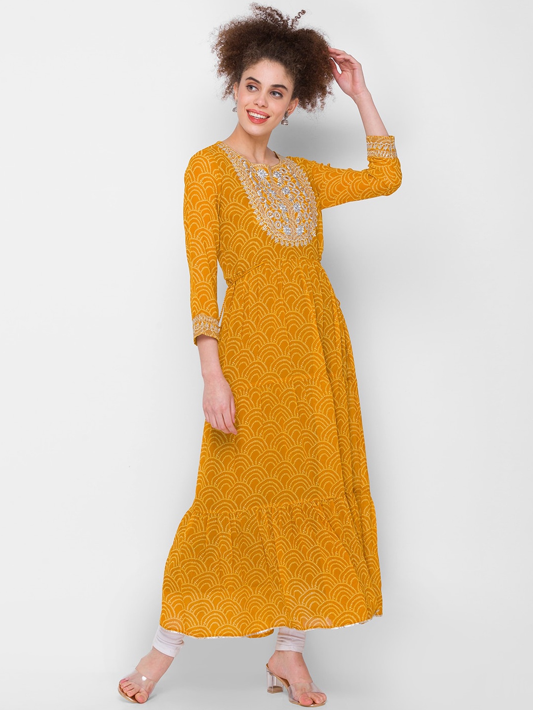 

ZOLA Women Mustard Yellow Ethnic Motifs Printed Thread Work Georgette Kurta