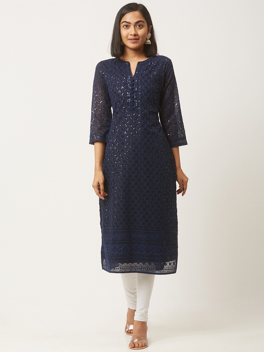 

ZOLA Women Embroidered Lucknowi Chikankari Lightweight Georgette Kurta, Navy blue