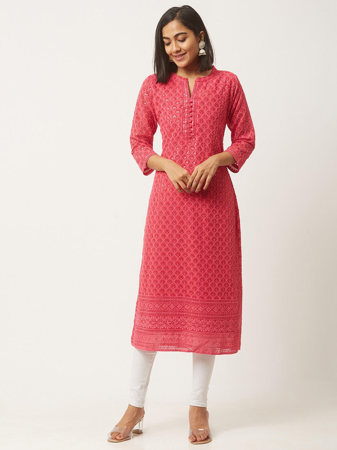 

ZOLA Women Embroidered Lucknowi Chikankari Lightweight Georgette Kurta, Magenta