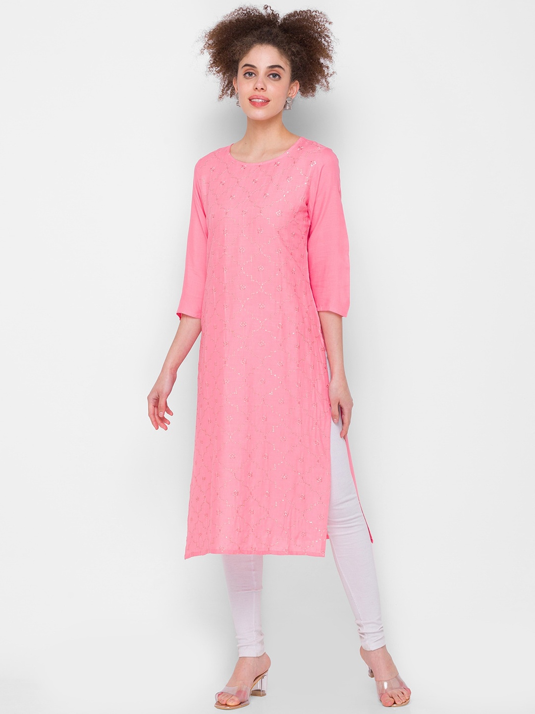 

ZOLA Women Pink Ethnic Motifs Embroidered Mirror Work Kurta