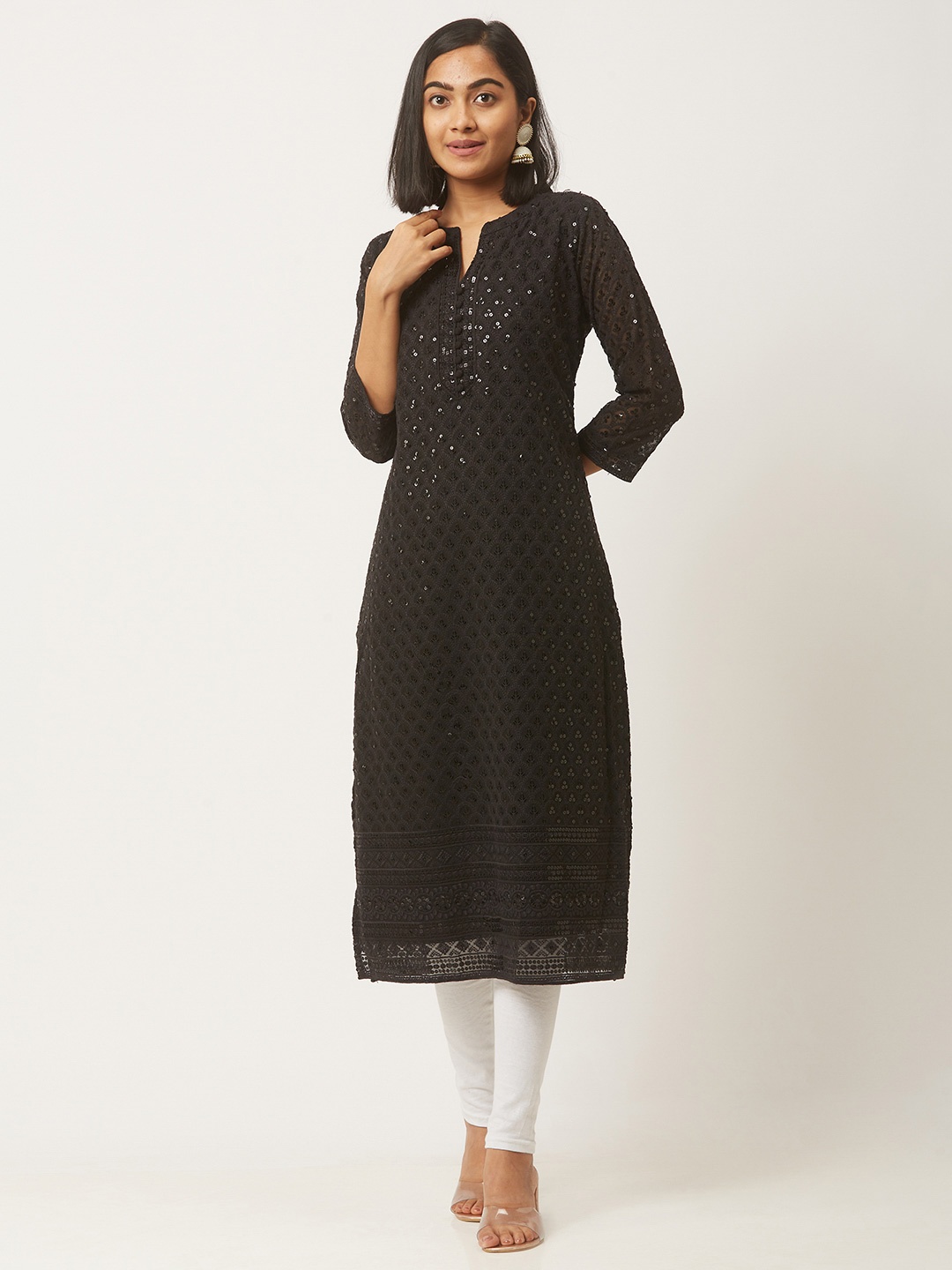 

ZOLA Women Embroidered Lucknowi Chikankari Lightweight Kurta, Black