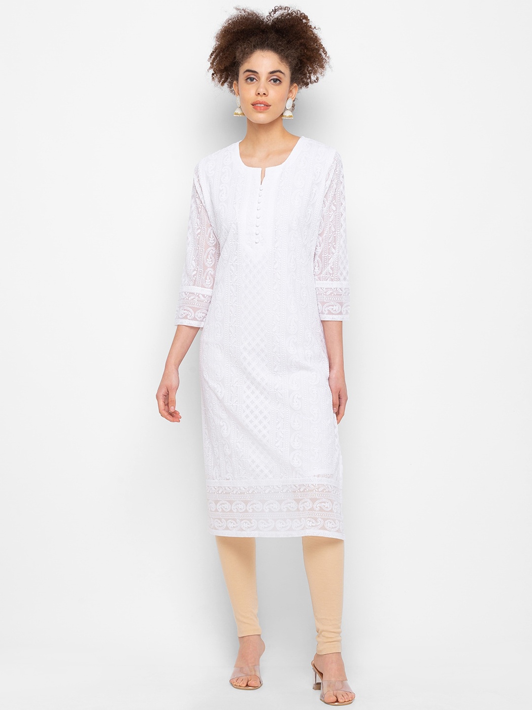 

ZOLA Women Paisley Embroidered Lucknowi Chikankari Georgette Straight Kurta, White