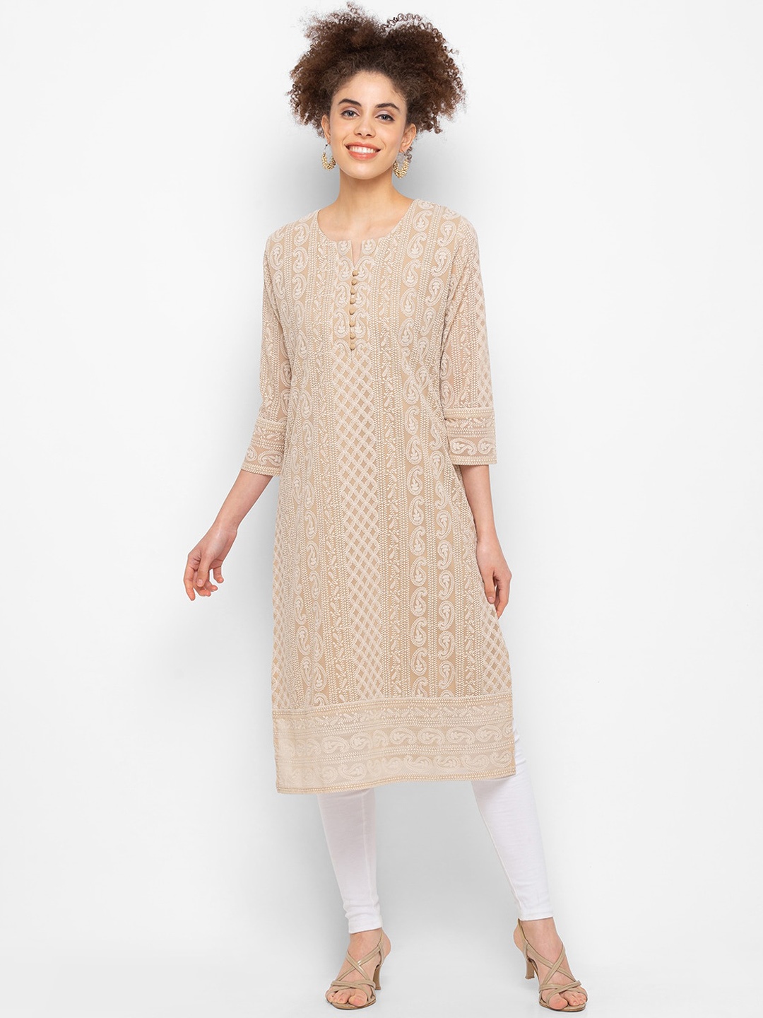 

ZOLA Women Paisley Embroidered Lucknowi Chikankari Georgette Straight Kurta, Khaki