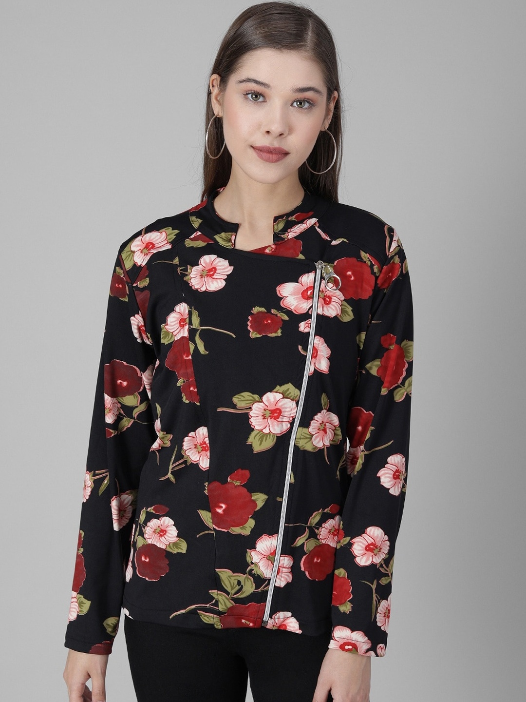 

Darzi Women Black Red Floral Tailored Jacket