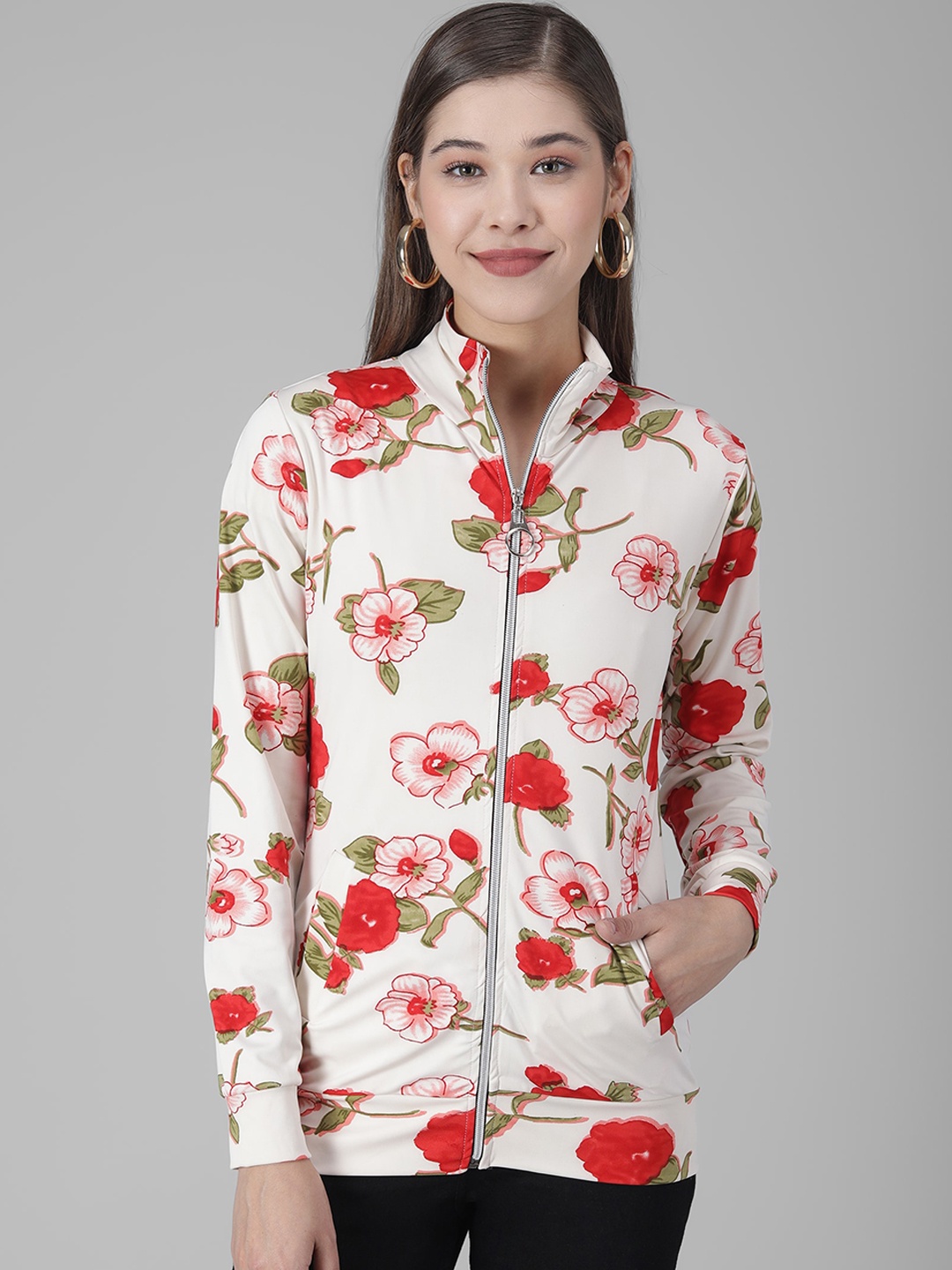 

Darzi Women White Pink Floral Tailored Jacket