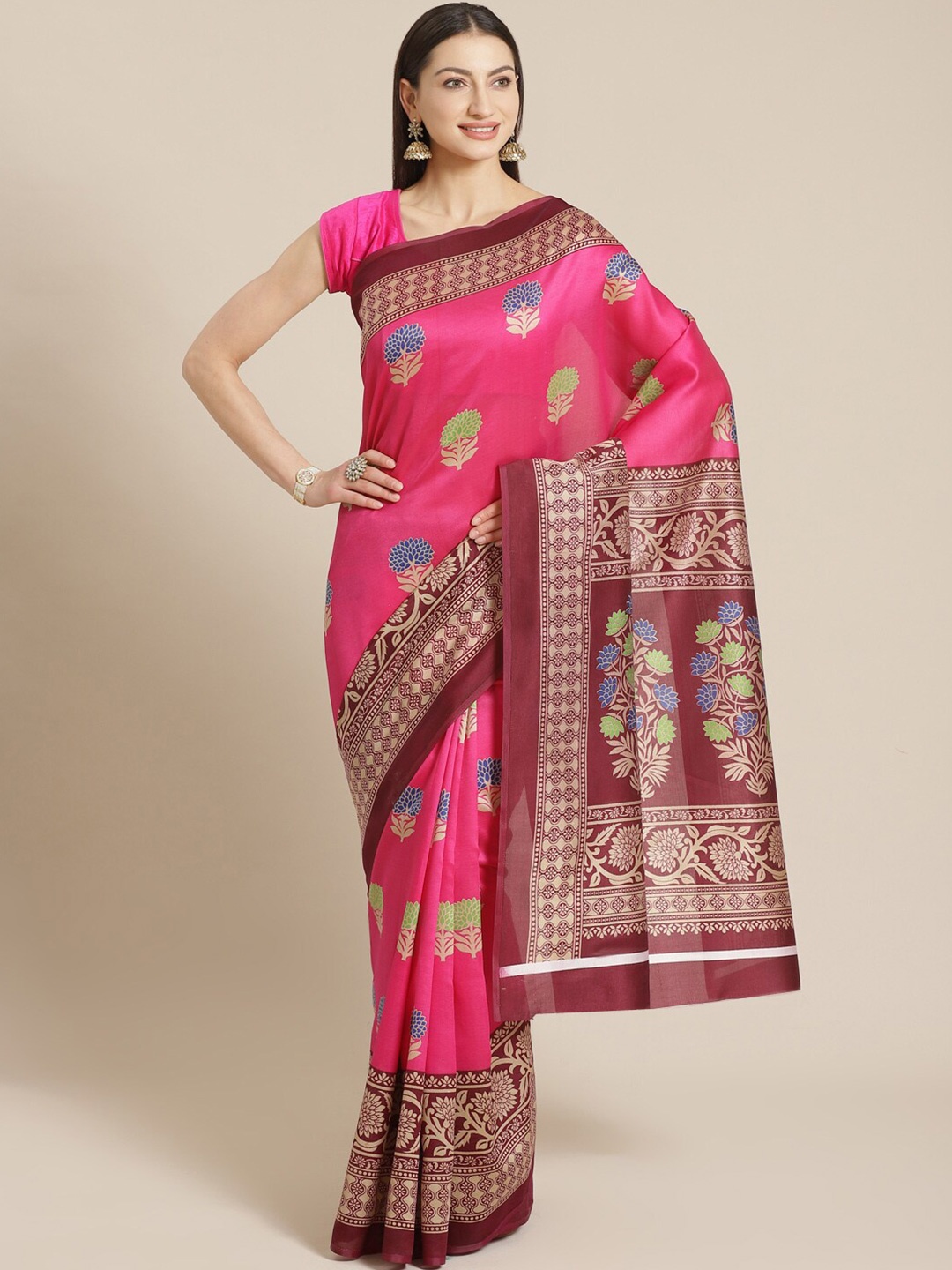 

KALINI Pink & Maroon Floral Art Silk Block Print Saree