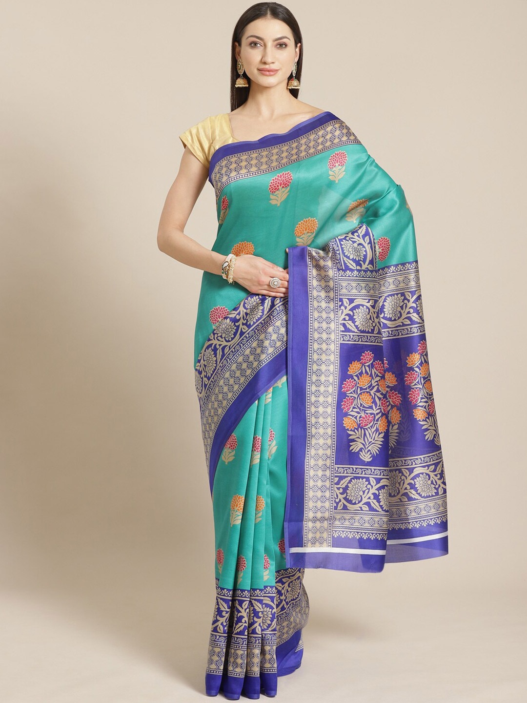 

KALINI Green & Blue Floral Art Silk Block Print Saree