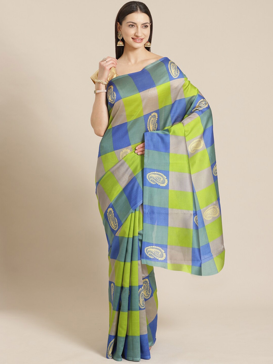 

KALINI Green & Blue Checked Art Silk Block Print Saree