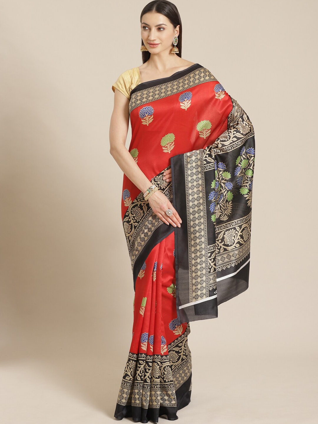 

KALINI Red & Black Ethnic Motifs Art Silk Block Print Saree