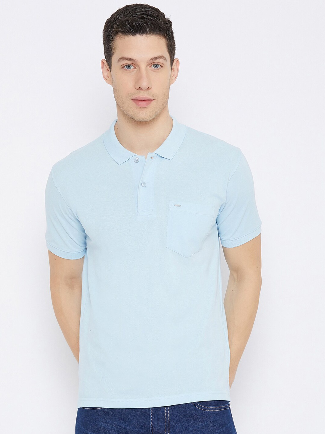 

Okane Men Blue Polo Collar Cotton T-shirt