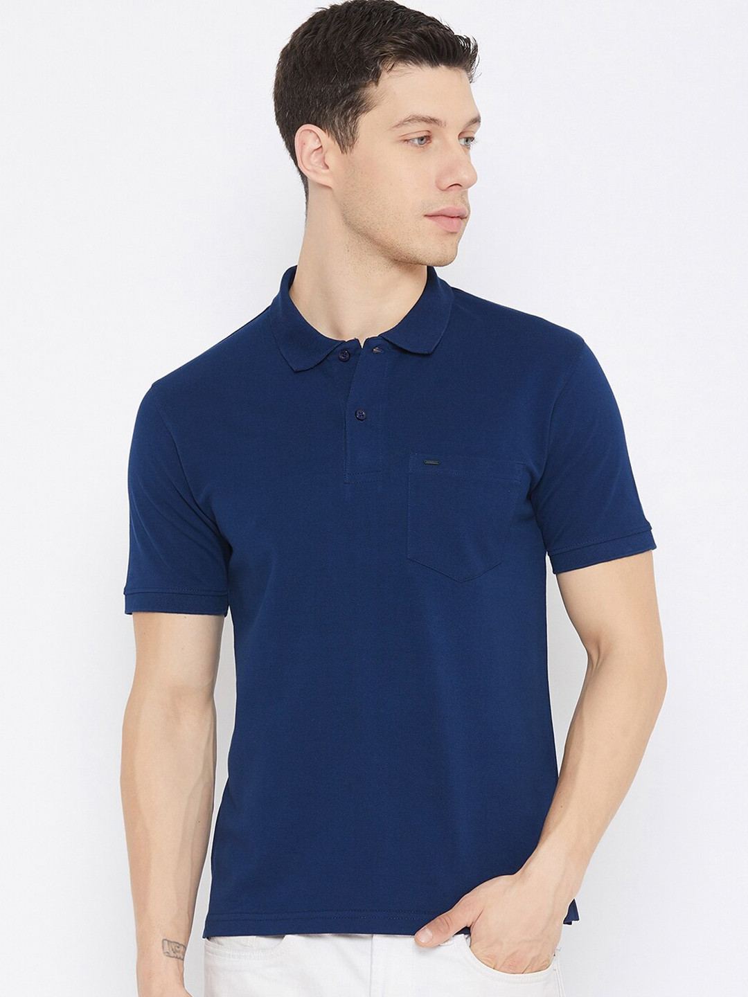 

Okane Men Blue Polo Collar Cotton T-shirt