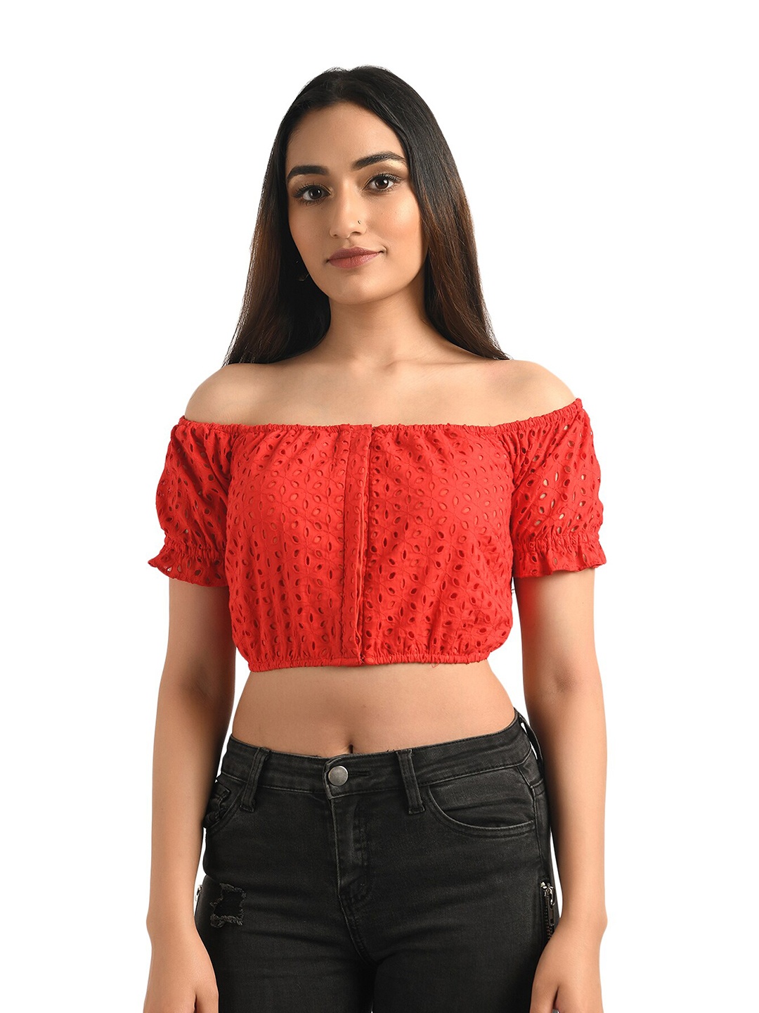 

ATTIC SALT Red Print Off-Shoulder Schiffli Bardot Crop Top