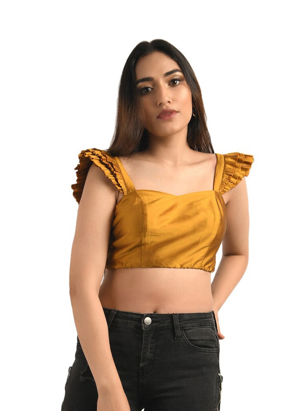 

ATTIC SALT Women Yellow Solid Sweetheart Neck Bralette Crop Top