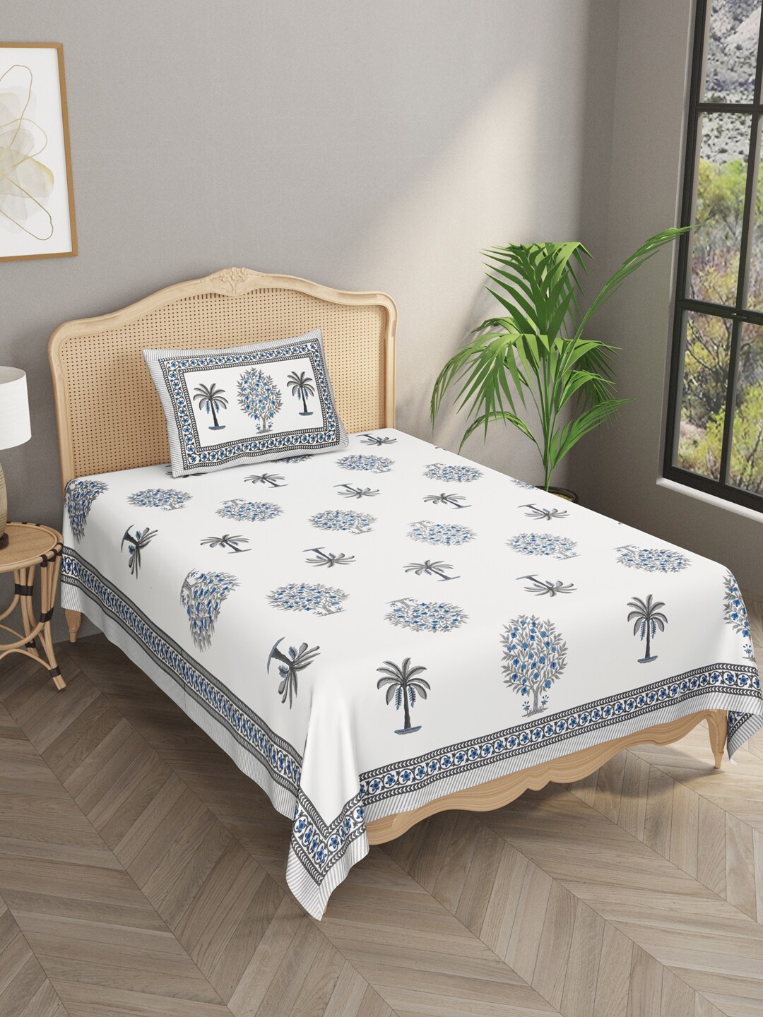 

Gulaab Jaipur Blue & White Ethnic Motifs 600 TC Single Bedsheet with 1 Pillow Covers