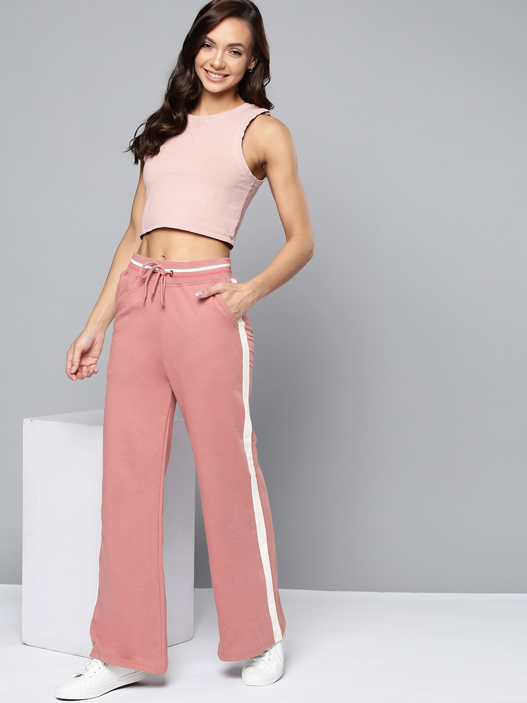 

Mast & Harbour Women Dusty Pink Contrast Side Taping Flared Track Pants, Rose