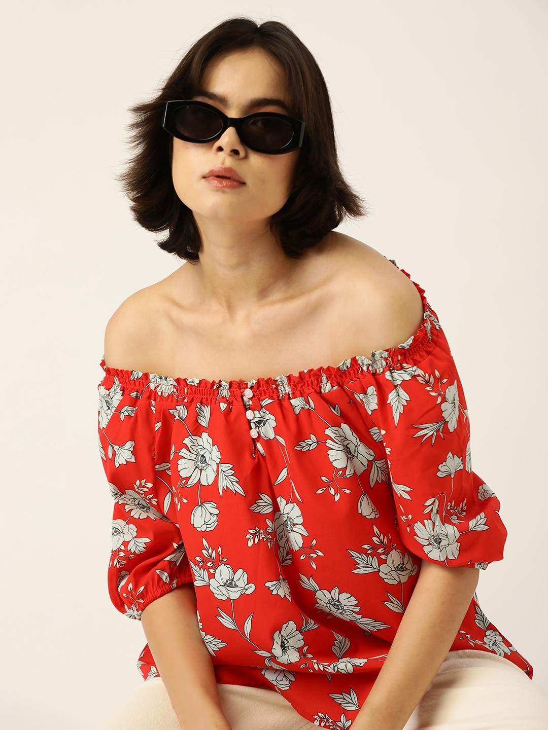 

Kook N Keech Red & White Floral Print Bardot Top