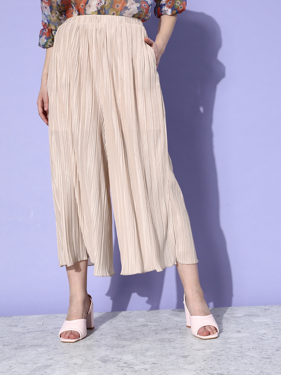 

Kook N Keech Women Creamy Beige Flared Accordion Pleated Romance Rambled Culottes Trousers