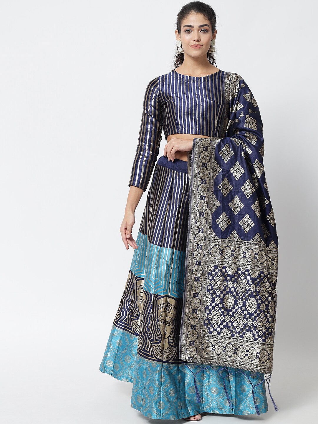 

DIVASTRI Navy Blue & Gold-Toned Banarasi Silk Lehenga Choli With Dupatta