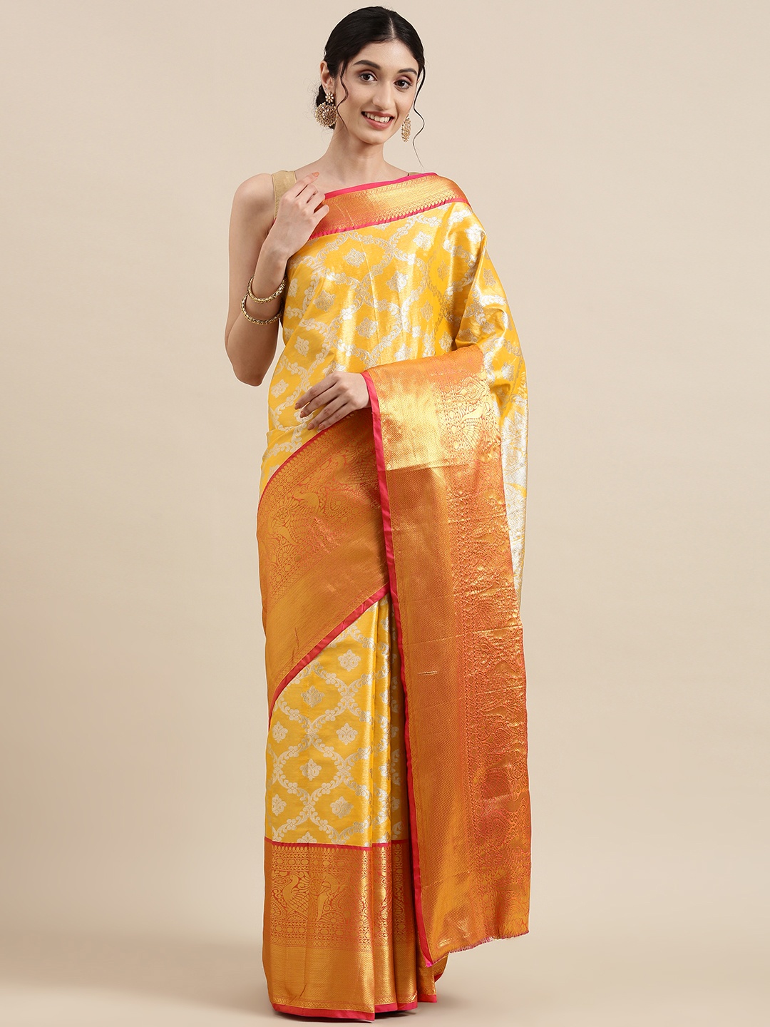 

Mitera Mustard & Gold Ethnic Motifs Zari Tissue Celebrity Banarasi Saree