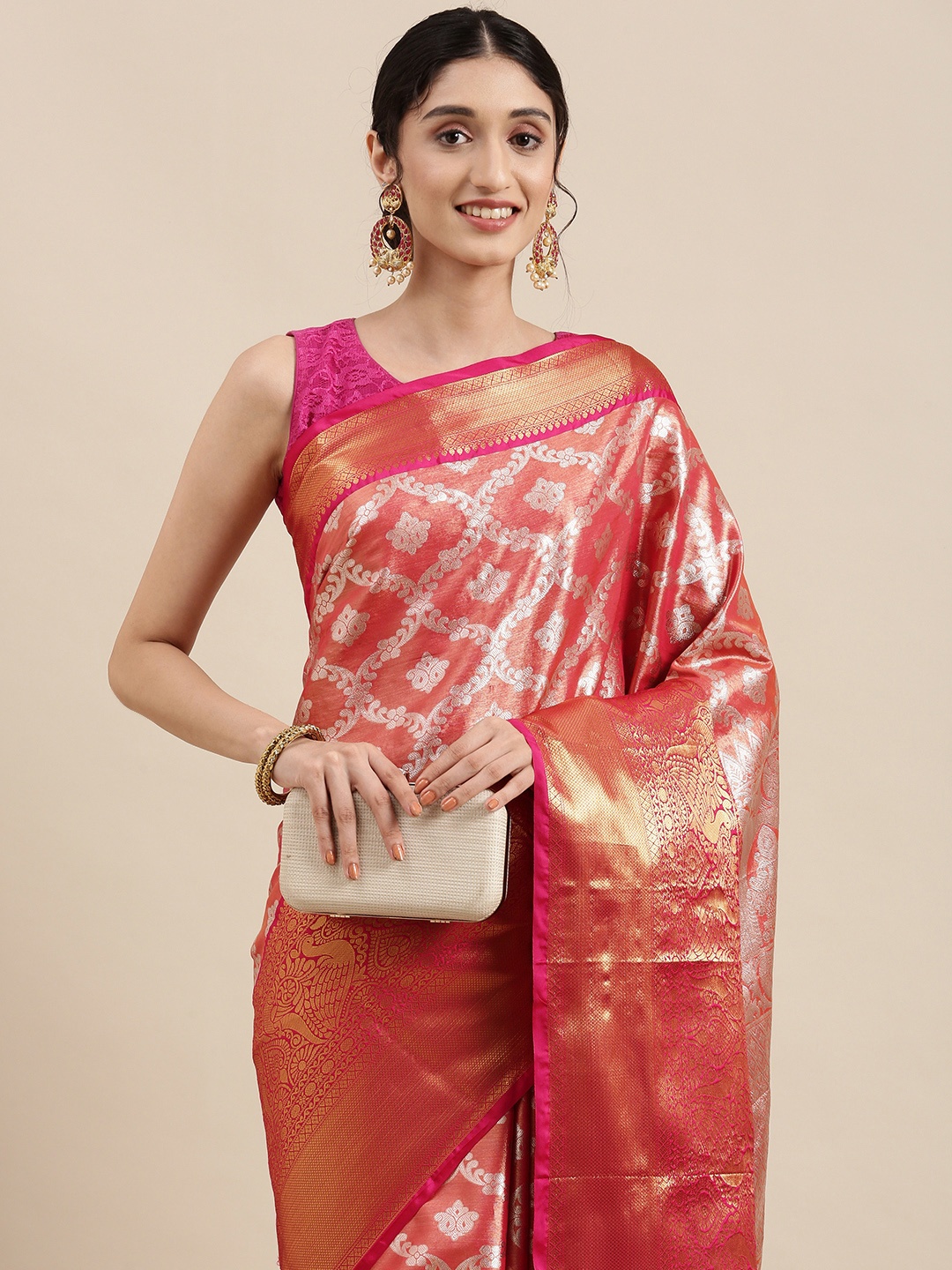 

Mitera Pink & Silver Ethnic Motifs Zari Tissue Celebrity Banarasi Saree