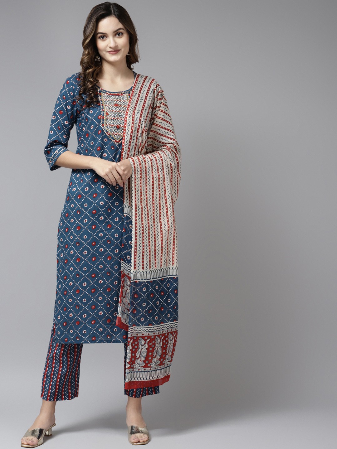 

Yufta Women Blue Printed Pure Cotton Kurta with Trousers & With Dupatta