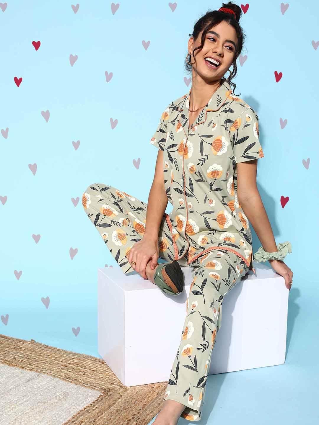 I like me Women Green Floral Sleep Staple