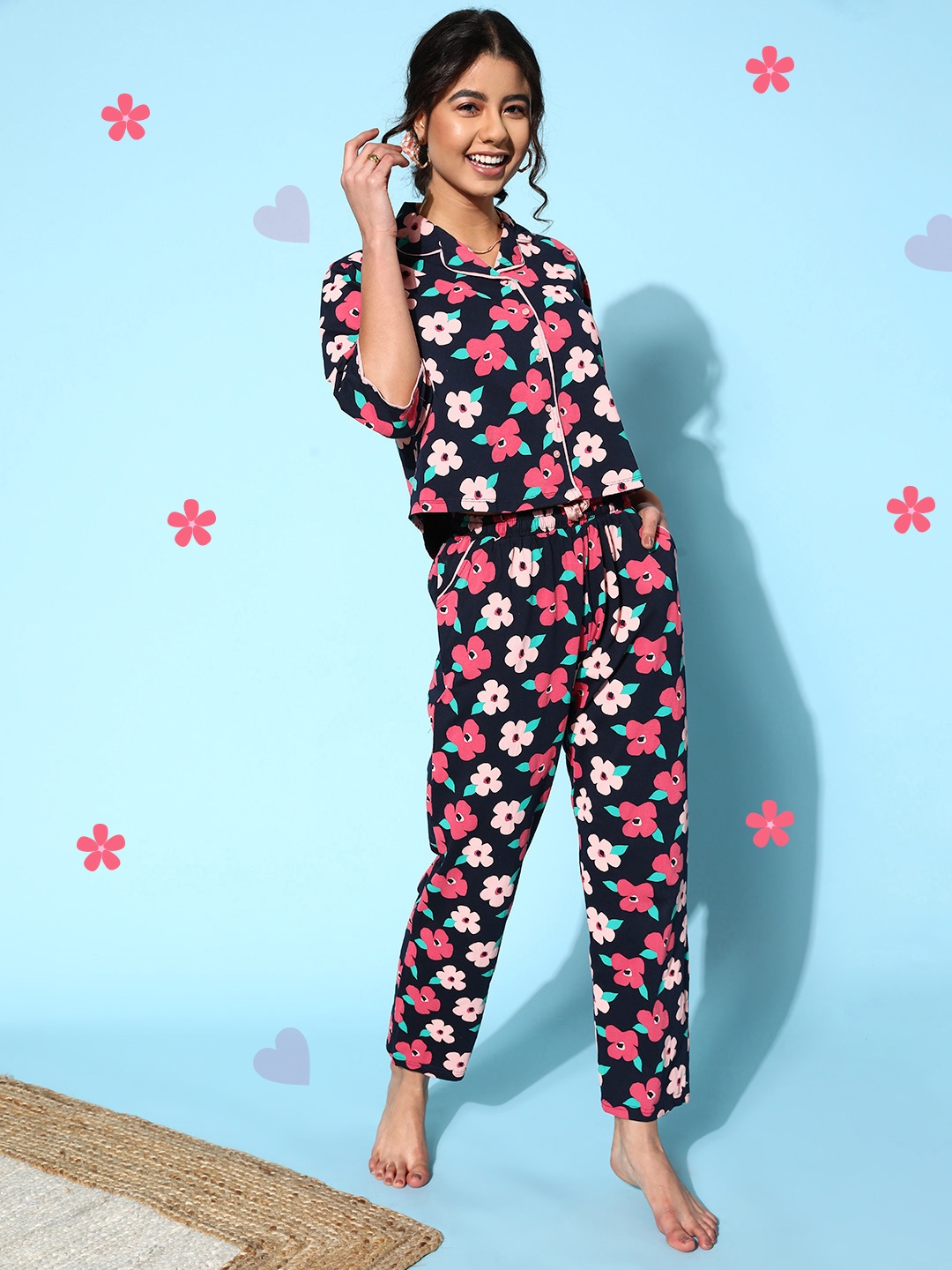 

I like me Women Navy Blue Floral Sleep Staple